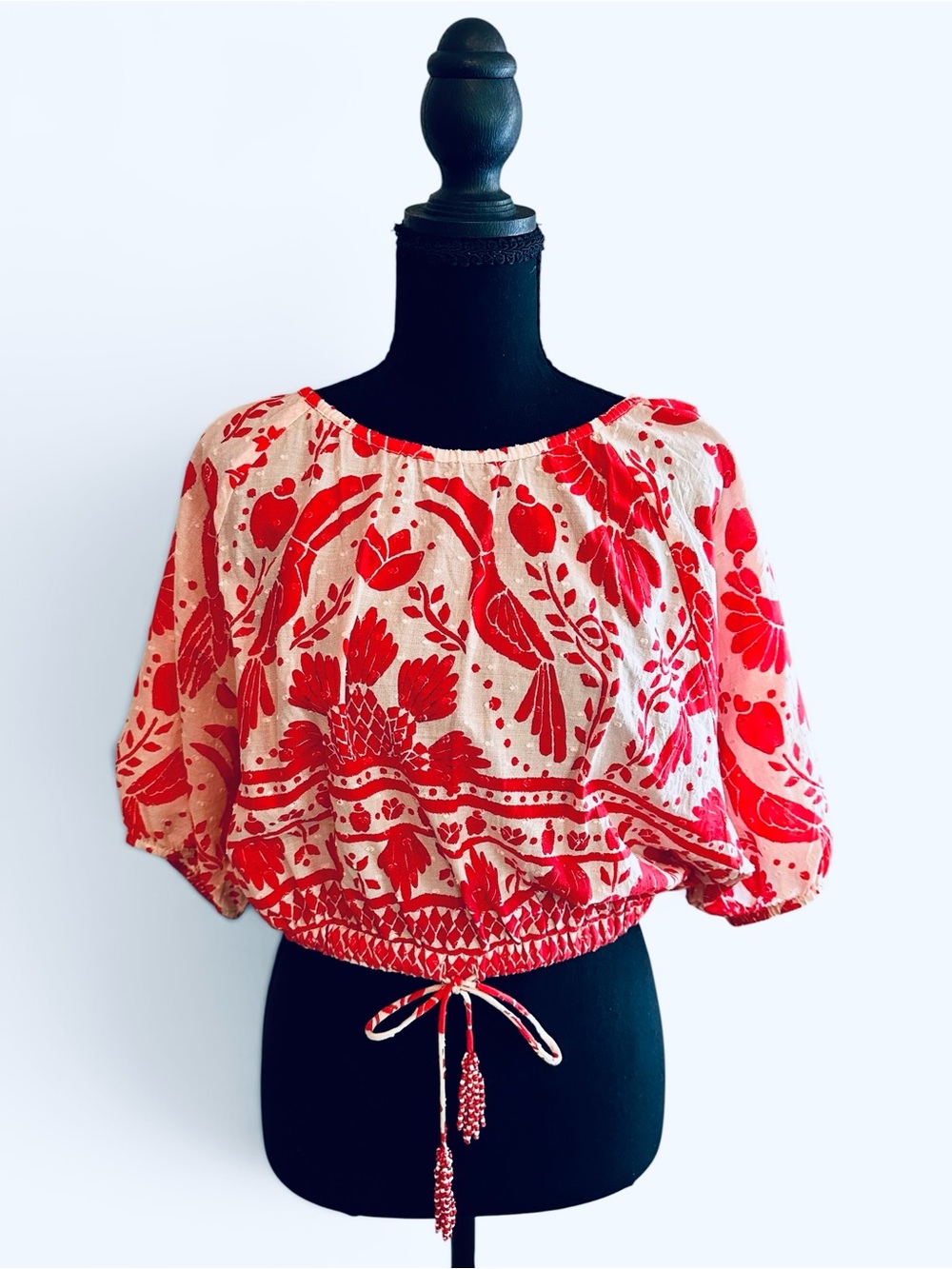FARM Rio Red Floral Crop Peasant Top